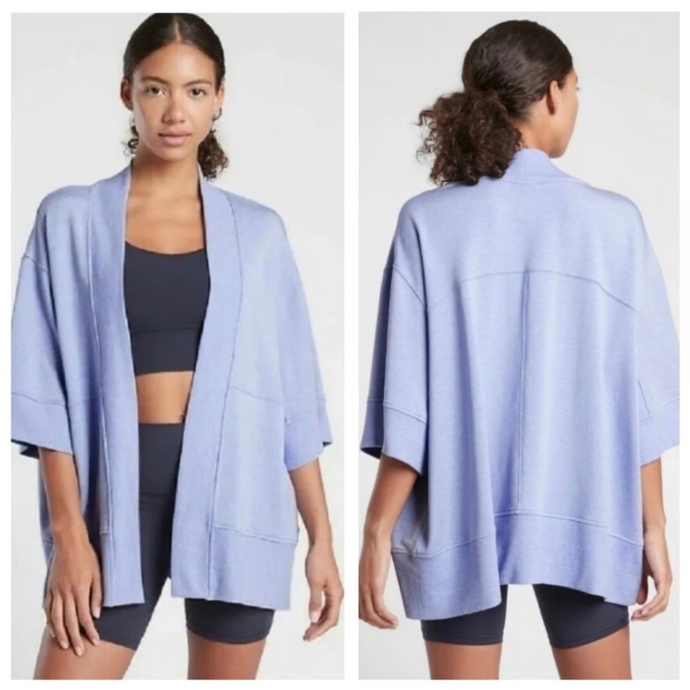 ATHLETA Lotus Wrap Size S/M Heather Blue Short Sleeve Open Front Comfy Cardigan